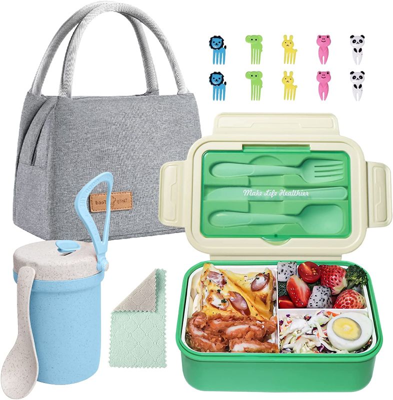 Photo 1 of  Bento Lunch Box for Kids, Lunch Bento Box Container Leak-proof for Kids Adults Teens School, Lunch Containers with 3 Compartments and Cup,Lunch Bag,Spoon,Fork