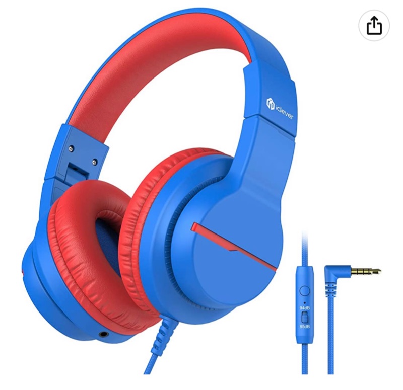 Photo 1 of iClever Kids Headphones for School Travel, Safe Volume 85/94dB, HD Mic Stereo Sound Over-Ear Girls Boys Headphones for Kid, FunShare Foldable 3.5mm Wired Kids Headphones for iPad Computer, HS19 Blue