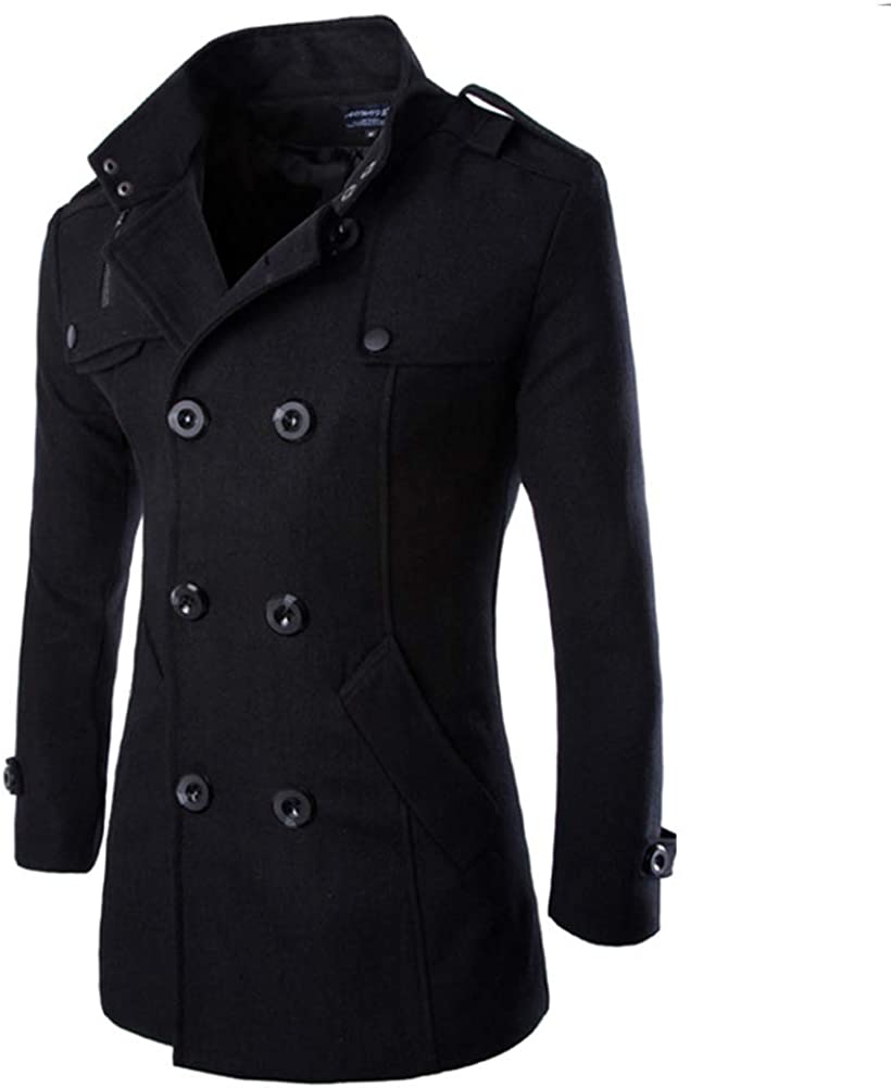 Photo 1 of AOWOFS Men's Mid Long Wool Blend Pea Coat Double Breasted Stand Collar Overcoat Trench Coat XS
