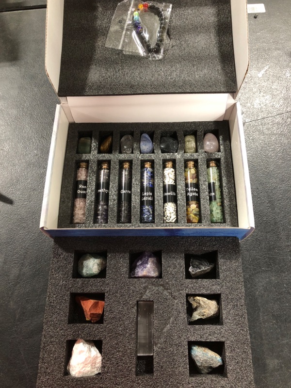 Photo 2 of 24 Pack Healing Crystals Set for Beginners - Chakra Balancing Stones Kit for Meditation Yoga Witchcraft - 14 Tumbled & Rough Stones, 7 Bottles Crystal chips, 1 Lava Bracelet, 1 Selenite Charging Plate