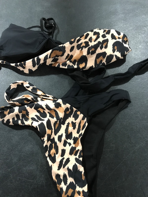 Photo 2 of Bikini High Cut Brazilian Swimsuit Set 2 Piece Small Black Leopard