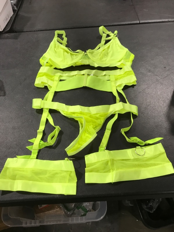 Photo 2 of 4PC, Underwire Bra and Panty Sets, Garter belt and Thigh Cuffs, Punk, Goth Neon Green X-Large