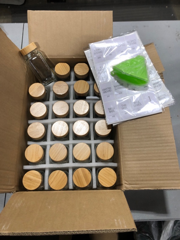 Photo 1 of NETANY 24 Pcs Spice Jars with Labels - 4 oz Glass Spice Jars with Bamboo Lids, Minimalist Farmhouse Spice Labels Stickers, Collapsible Funnel, Seasoning Storage Bottles for Spice Rack, Cabinet, Drawer
