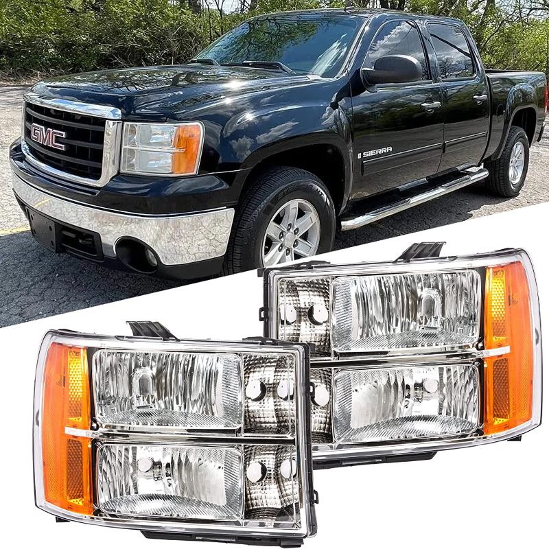 Photo 1 of ADCARLIGHTS for 2007-2014 Sierra Headlight Assembly compatible with 07-13 GMC Sierra 1500 / 07-14 GMC Sierra 2500HD 3500HD Black Housing with Clear Reflector Headlamp Replacement Left and Right OE Replacement Black Housing / Clear Reflector / Clear Lens