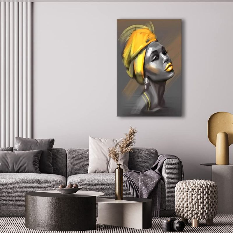 Photo 1 of African American Wall Art Yellow Hair Beauty Black Woman Abstract Painting Canvas Poster for Living Room Bedroom Bathroom Home Decor 16x24 inch Framed