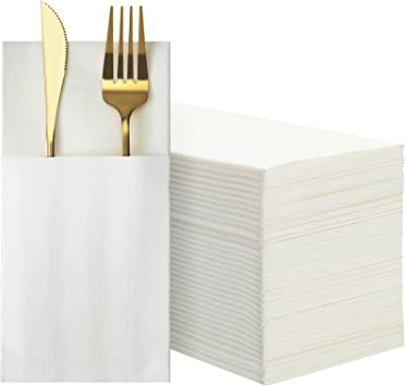 Photo 1 of 300 Pcs Linen Feel Pocket Napkins, Disposable Kangaroo Airlaid Paper Napkins Prefolded Dinner Napkins with Built-In Flatware Pocket for Silverware Wedding Party Thanksgiving Christmas Day (White