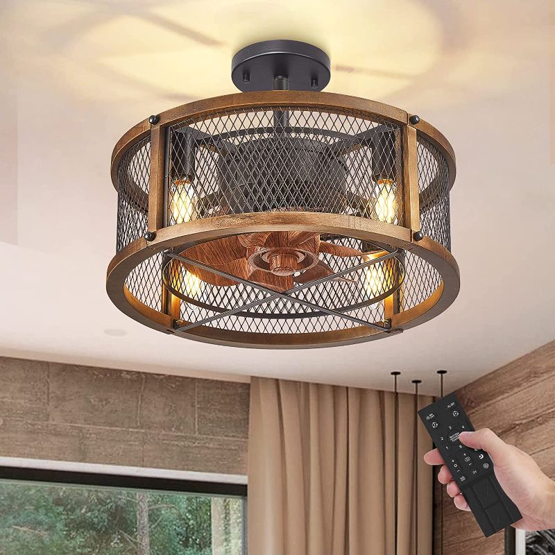 Photo 1 of Atocif Farmhouse Caged Ceiling Fan, 17in Bladeless Ceiling Fans with Lights Remote Control, Reversible Motor, 6 Speeds, 2 Hours Timing, Rustic Wood Ceiling Fan for Indoor Living Room Bedroom Vintage
