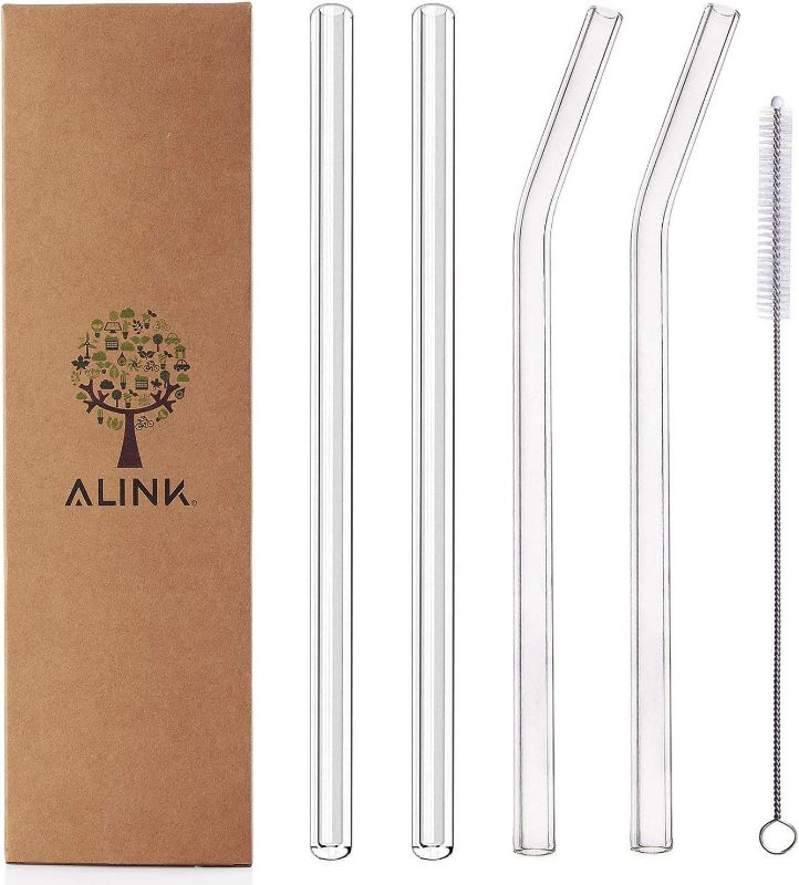 Photo 1 of ALINK Clear Glass Straws, 9 in X 10 mm Reusable Straight & Bent Smoothie Straws, Set of 4 with Cleaning Brush
