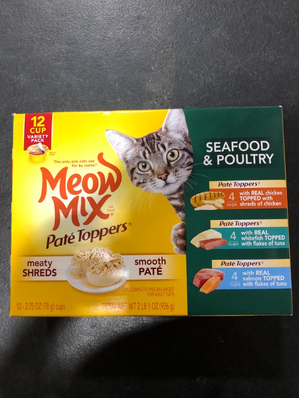 Photo 2 of Meow Mix Paté Toppers Wet Cat Food, Seafood & Poultry Variety Pack, 2.75 Ounce, 12 Count(Pack of 1)
