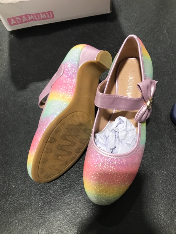 Photo 3 of ADAMUMU Girls Low Heel Shoes PU Dress Shoes for Wedding Size 4 Big Kid Rainbow