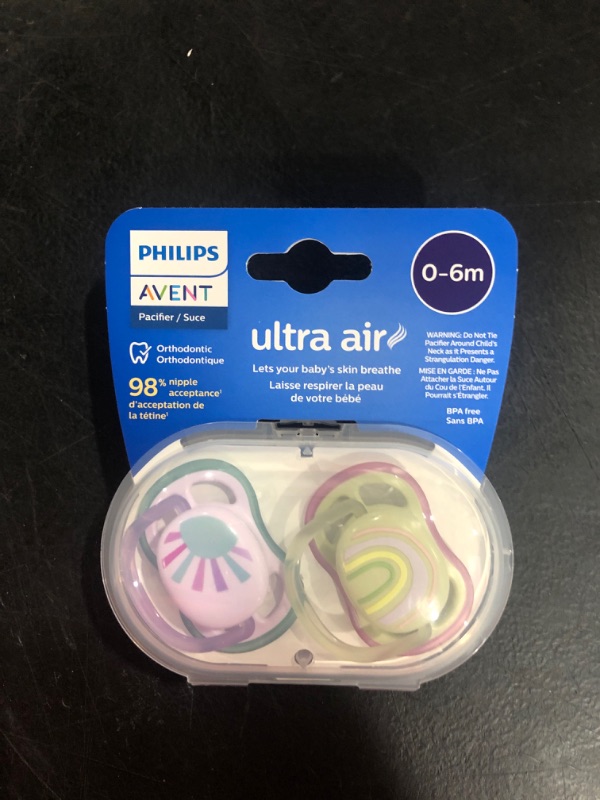 Photo 1 of Philips Avent Ultra Air Pacifier Light, Breathable Baby Pacifiers for Babies Aged 0-6 Months, BPA Free with Sterilizer Carry Case, SCF085/51 Fresh lilac / Pastel warm green with design 0-6m