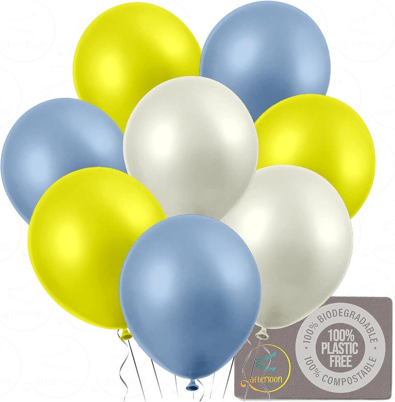 Photo 1 of AFTERLOON Biodegradable Balloons Pearlized White/Baby Blue/Yellow 12 Inch Pearl Color 24 Pack, Pearlescent Thickened Extra Strong Latex Helium Float, Colorful Bulk Color ballon Globos Para De Kids
