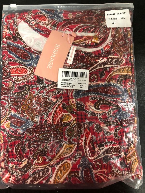 Photo 2 of [Size 3XL] BISHUIGE Women's Plus Size Tunic Tops Button Henley Casual T Shirts V Neck Short Sleeve Pleated Blouses Short Sleeve- Red Paisley
