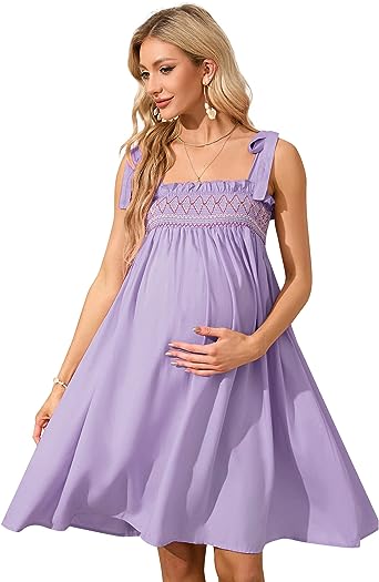 Photo 1 of [Size M] KOJOOIN Women's Maternity Floral Smocked Casual Dresses Summer Midi Nursing Dress Straps Baby Shower Dress Small - Purple Flowers