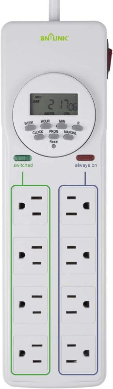 Photo 1 of BN-LINK 8 Outlet Surge Protector with 7-Day Digital Timer (4 Outlets Timed, 4 Outlets Always On) - White
