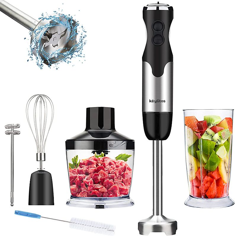 Photo 1 of Keylitos 5-in-1 Immersion Hand Blender, Powerful 12-Speed Handheld Stick Blender with 304 Stainless Steel Blades, Chopper, Beaker, Whisk and Milk Frother for Smoothie, Baby Food, Sauces Red,Puree, Soup (Black)
