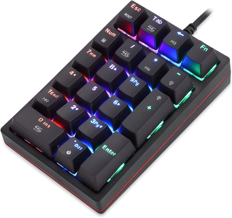 Photo 1 of MOTOSPEED Macro Mechanical Numeric Keypad USB Wired 21 Keys Mini Numpad Portable Keypad RGB Backlight Gaming Keypad Extended Layout for Cashier(Fully Programmable Keys)
