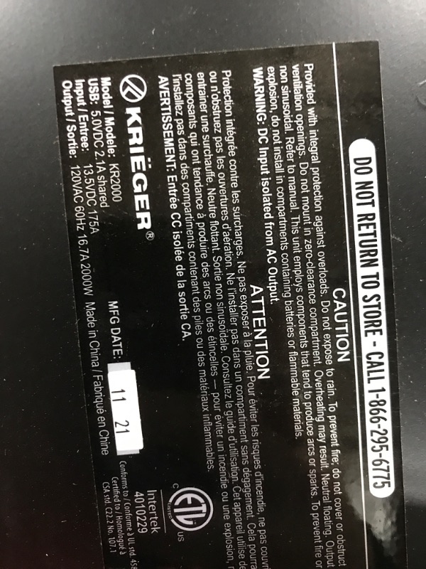 Photo 3 of Krieger 2000 Watts Power Inverter 12V to 110V, Modified Sine Wave Car Inverter, Dual 110 Volt AC Outlets, DC to AC Converter with Installation Kit Included - ETL Approved to UL and CSA Standards