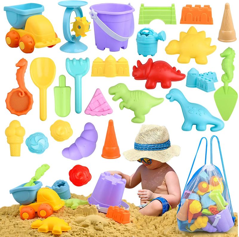 Photo 1 of Biulotter 26PCS Beach Sand Toy Set,Play Sand Ice Cream Kit,Sand Water Wheel,Truck Bucket,Beach Shovels RakesTool Kit,Construction Toys and Signs,Sea Animal Molds,Hourglass,1 Mesh Bag,Watering Can
