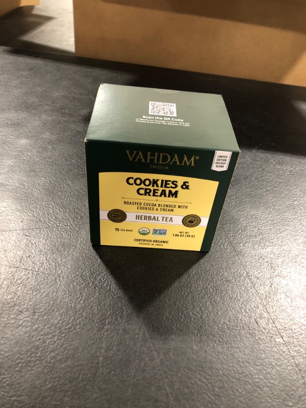 View 2 of VAHDAM, Organic Cookies & Cream Herbal Tea | LIMITED EDITION | Dessert Tea | Cookies & Cream Extracts, Almond, Cocoa, Cinnamon, Cardamom, Chamomile & Vanilla | 15 Tea Bags Cookies & Cream 15 Count (Pack of 1)