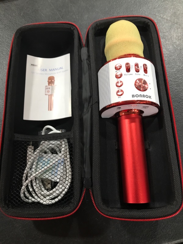 Photo 1 of BONAOK Wireless Bluetooth Karaoke Microphone, 3-in-1 Portable Handheld Mic Speaker Machine for All Smartphones, or Girls Boys Kids Adults All Age Q37(Red)
