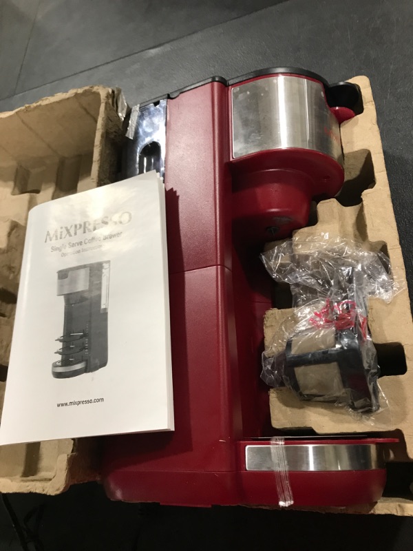 Photo 1 of Mixpresso Single Serve 2 in 1 Coffee Brewer K-Cup Pods Compatible & Ground Coffee,Compact Coffee Maker Single Serve With 30 oz Detachable Reservoir, 5 Brew Size and Adjustable Drip Tray (Red)