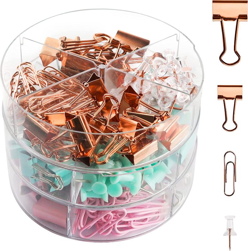 Photo 1 of Teskyer Small Binder Clips and Paper Clips Push Pins Tacks Set, Total 216 Pcs Office Clips Kits with Separately Stored Box for Office School Home Desk Supplies, Assorted Sizes, Multicolor