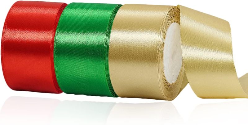 Photo 1 of 2 3 Rolls Christmas Ribbon 2 Inch Wide, 75 Yards Gold Ribbons Red Green Satin Ribbon for Gift Wrapping, Door Wreaths and Bows Making, Christmas Trees, DIY Crafts, Hanging Ornaments and Xmas Decorations