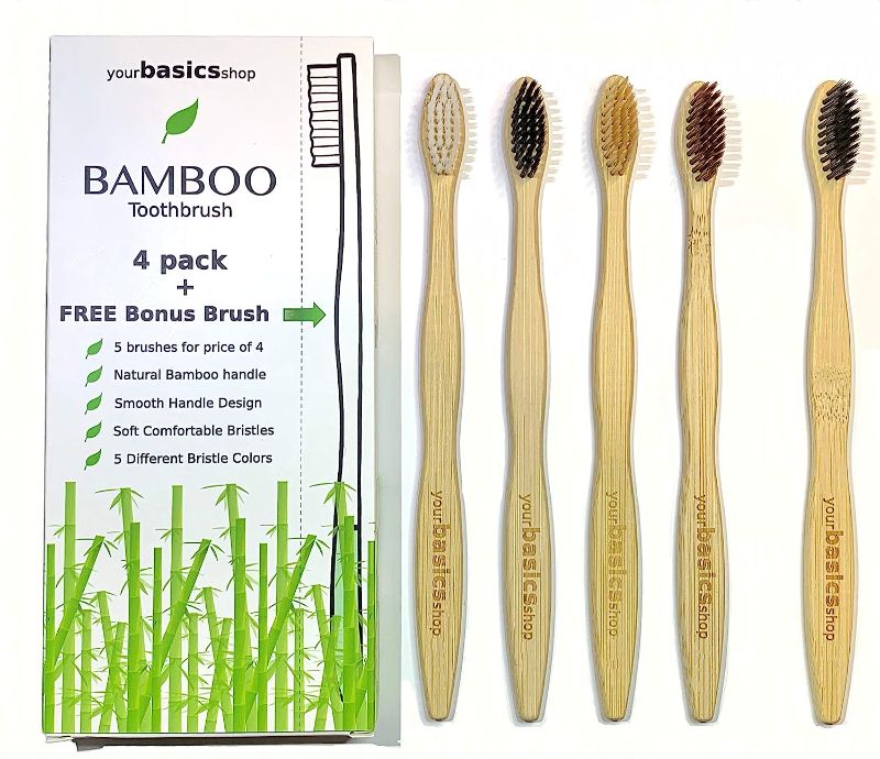 Photo 1 of 1Bamboo Toothbrushes (5-Pack) - Family Pack of 4 +1 Toothbrushes - Adult and Kids Toothbrush Sized - Bamboo Toothbrush Soft Bristle - Natural Toothbrush - Wood Toothbrush - Better for The Planet.