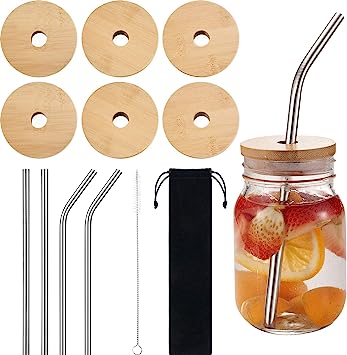 Photo 1 of 6 Pack Bamboo Lids Mason Jar Lids with Straw Hole 70 mm Regular Mouth Wood Lids for Mason Jars with 4 Pieces Reusable Stainless Steel Straws, Cleaning Brush and Bag (Simple Style) 