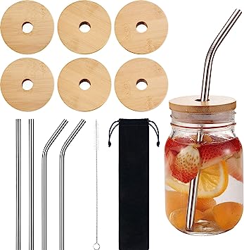 Photo 1 of 6 Pack Bamboo Lids Mason Jar Lids with Straw Hole 70 mm Regular Mouth Wood Lids for Mason Jars with 4 Pieces Reusable Stainless Steel Straws, Cleaning Brush and Bag (Simple Style)
