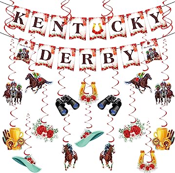 Photo 1 of 38 PCS Kentucky Derby Party Supplies, Horse Racing Hanging Swirls KENTUCKY DERBY Banner, Derby Day Ceiling Signs Banner, Run for the Roses Home Banner Decorations for Indoor Outdoor Wall Background Sign
