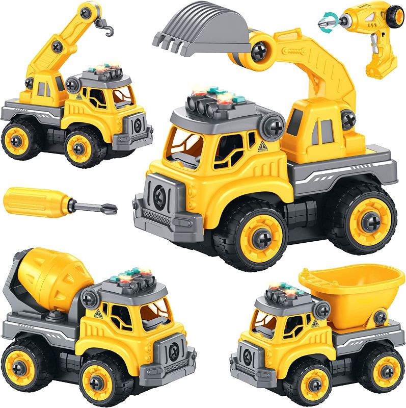 Photo 1 of 4-in-1 Take Apart Construction Toys for Kids, 36Pcs RC Car Trucks w/Electric 360° Drill Remote Control, DIY STEM Vehicle Building Toy, Sounds, Lights, Rechargeable, 3 4 5 6 7 Year Old Boys, Girls