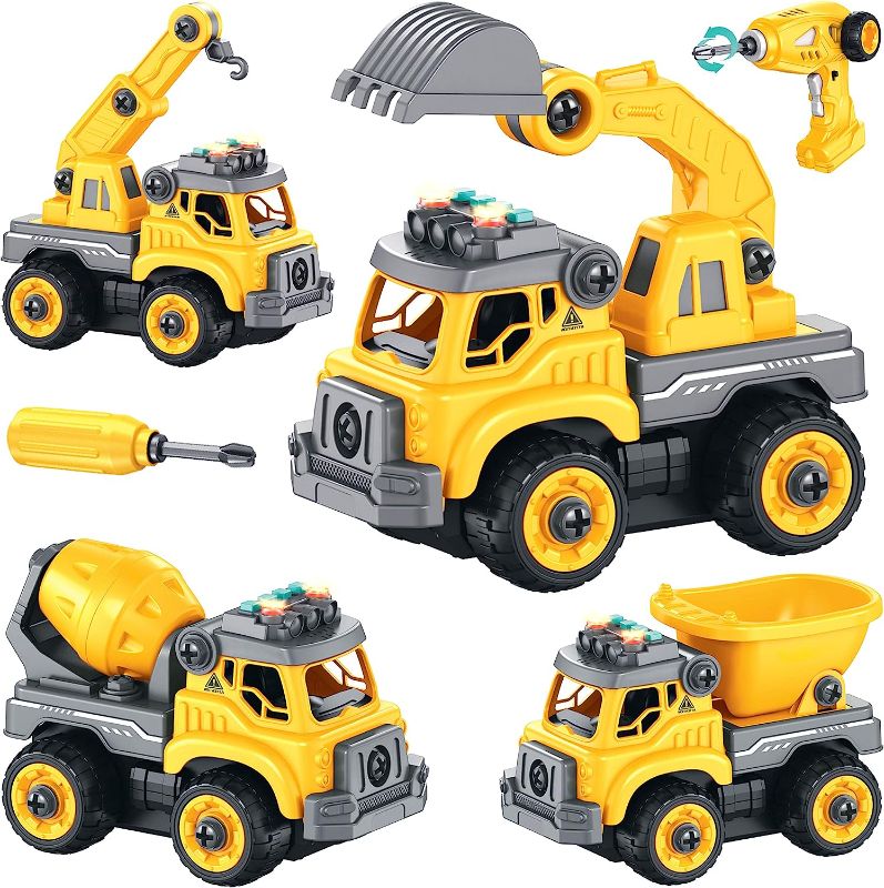 Photo 1 of 4-in-1 Take Apart Construction Toys for Kids, 36Pcs RC Car Trucks w/Electric 360° Drill Remote Control, DIY STEM Vehicle Building Toy, Sounds, Lights, Rechargeable, 3 4 5 6 7 Year Old Boys, Girls
