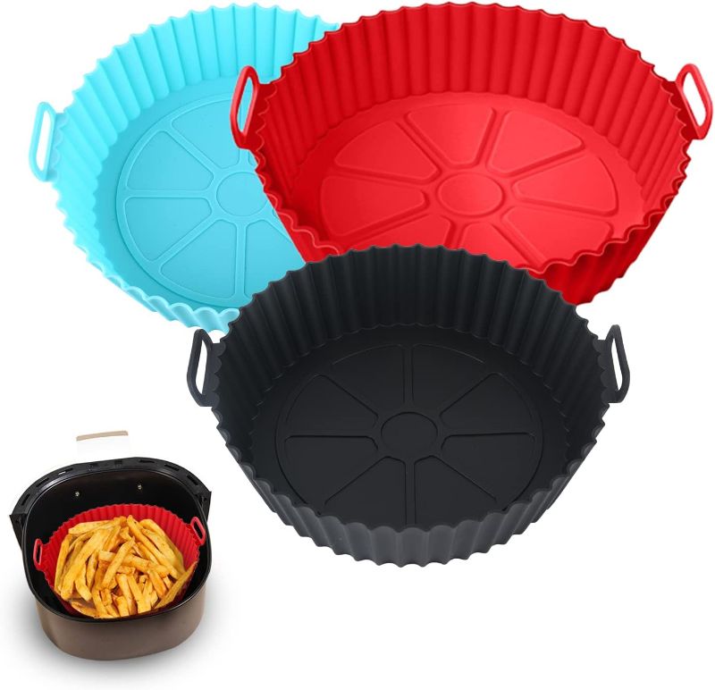 Photo 1 of 3-Pack Air Fryer Silicone Liners Pot for 3 to 5 QT, Silicone Basket Bowl, Replacement of Flammable Parchment Paper, Reusable Baking Tray Oven Accessories, Red+Black+Blue, (Top 8in, Bottom 6.88in)