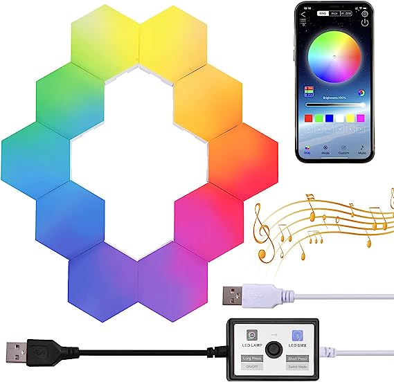 Photo 1 of Timstono Hexagon Lights 10-Pack Music Sync Discolor LED Hexagon Lights APP Remote Controlled RGB Hexagon Lights Nanoleaf Modular Cool Hexagon Lights Panels Nanoleaf for Gaming Room Bedroom Bar https://a.co/d/4TOSIm7