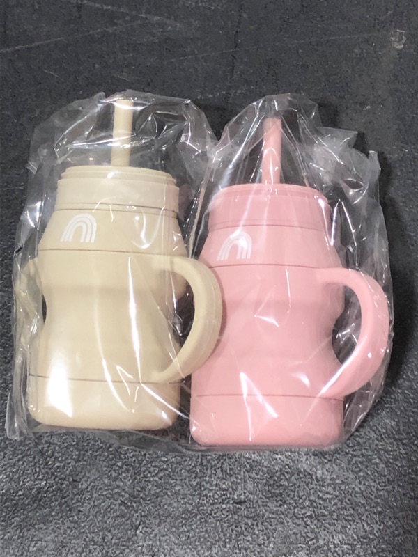 Photo 1 of Hippypotamus Silicone Transition Cups - Squeeze-Proof Toddler Cups With Straw & Lid - Removable Handles - Set of 2 (Blush/Nude)
