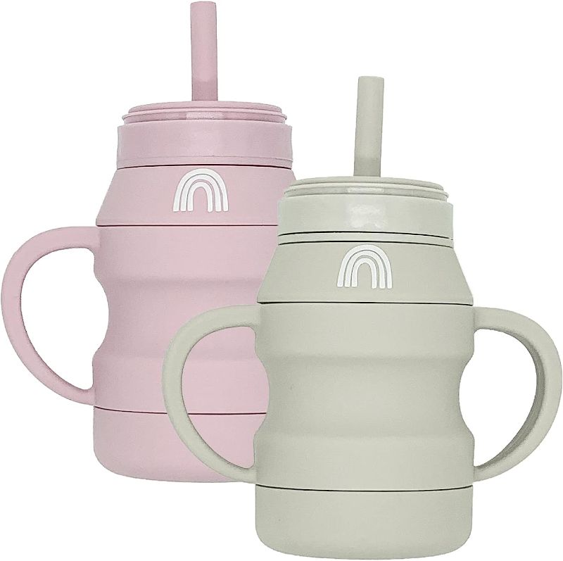 Photo 1 of Hippypotamus Silicone Transition Cups - Squeeze-Proof Toddler Cups With Straw & Lid - Removable Handles - Set of 2 (Blush/Nude)