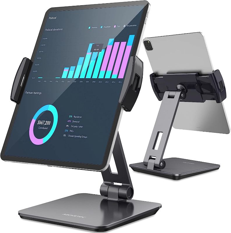 Photo 2 of AboveTEK Business Kiosk Aluminum Tablet iPad Stand, 360° Swivel Tablet & Phone Holders for Any 4-14" Display Tablets or Cell Phones, Professional & Sturdy for Store POS Office (Grey)
