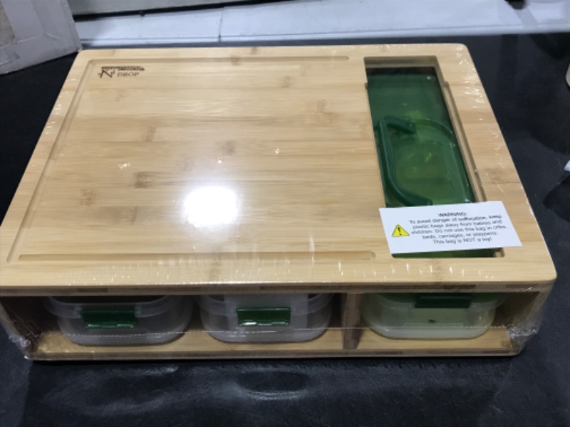 Photo 2 of Bamboo Cutting Board With Containers And Locking Lid. Includes Built-in GRATER. Extra Large Cutting Board Set With Trays For Easy Food Prep And Cleanup. Stackable Containers For Easy Storage Chop N Drop