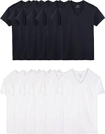 Photo 1 of Fruit of the Loom Men's Eversoft Cotton Stay Tucked V-Neck T-Shirt Regular Fit Medium Regular - Black/Grey - 6 Pack