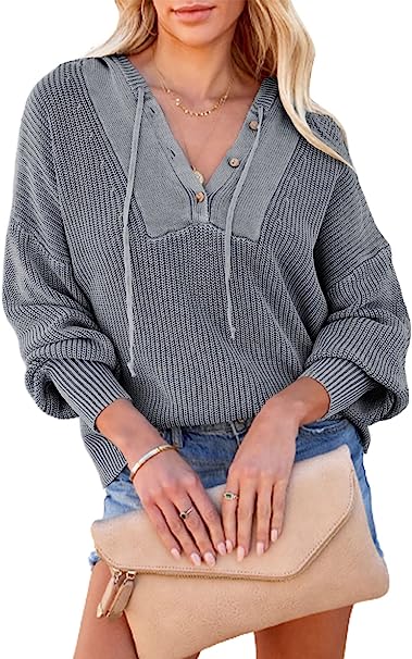 Photo 1 of Atanivo Women's Oversized Sweaters Hooded Long Sleeve Loose V Neck Button Tops Pullover Knit Jumper LARGE