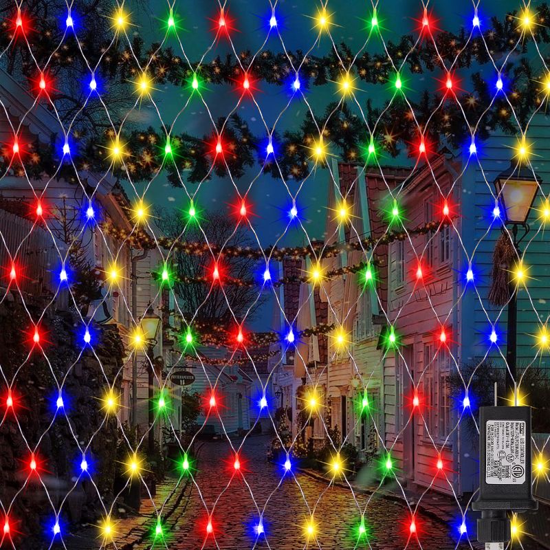 Photo 1 of Joliyoou Multicolored Net Mesh String Lights, 9.8ft x 6.6ft 200 LED Christmas String Lights with 8 Lighting Modes, Plug-in Fairy Lights for Wall Hanging Bush Lawn Covering Holiday Decorations