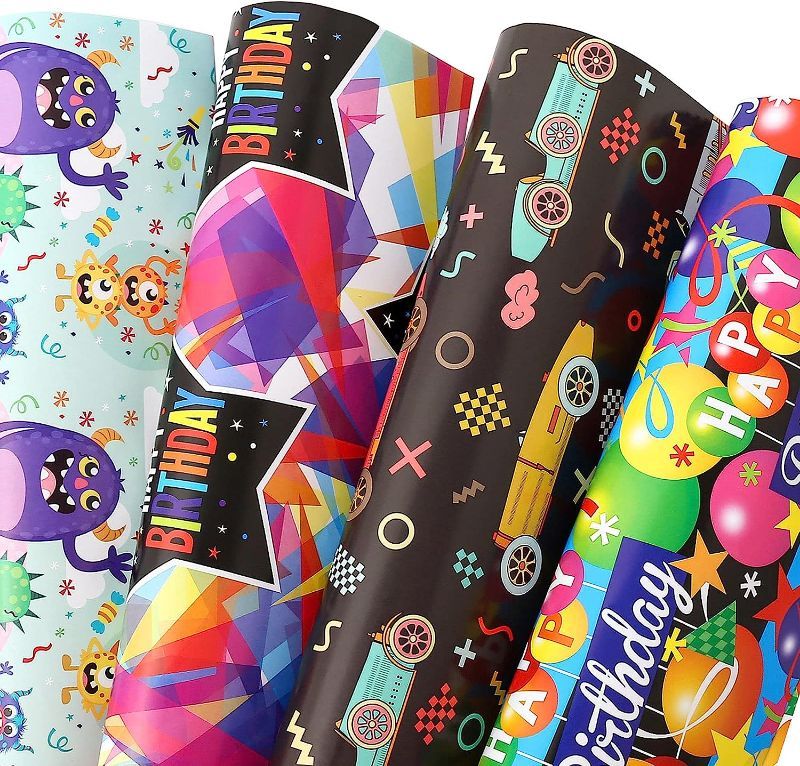 Photo 1 of U'COVER Birthday Wrapping Paper for Girls Kids Boys Baby Shower Women Men Gift Wrapping Paper 12 Folded Sheets 4 Style Pattern Balloon Star Monster Cars for Graduation Anniversary Holiday 20X29inch 