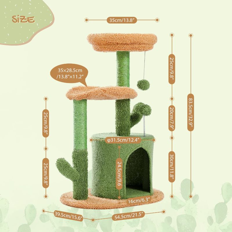 Photo 1 of  Road Cat Tree 32 Inches Cactus Cat Tower with Sisal Covered Scratching Post, Cozy Condo, Plush Perches and Fluffy Balls for Indoor Cats