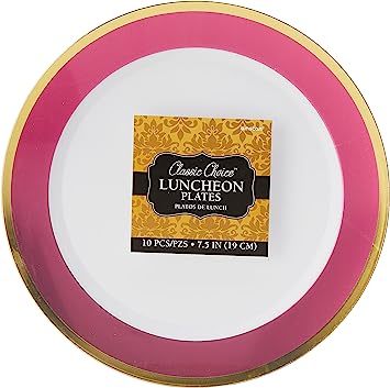 Photo 1 of  Amscan Premium Plastic Round Party-Plates, 7 1/2 inches, White with Bright Pink Border

