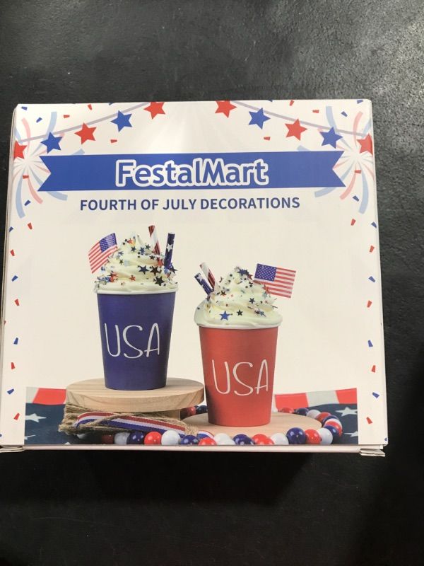 Photo 2 of 4th of July Decorations for Home-2PCS Cups with Faux Whipped Cream-Red and White Blue Patriotic Decor,Fourth of July Sign for Tiered Tray and Memorial Day Decor
