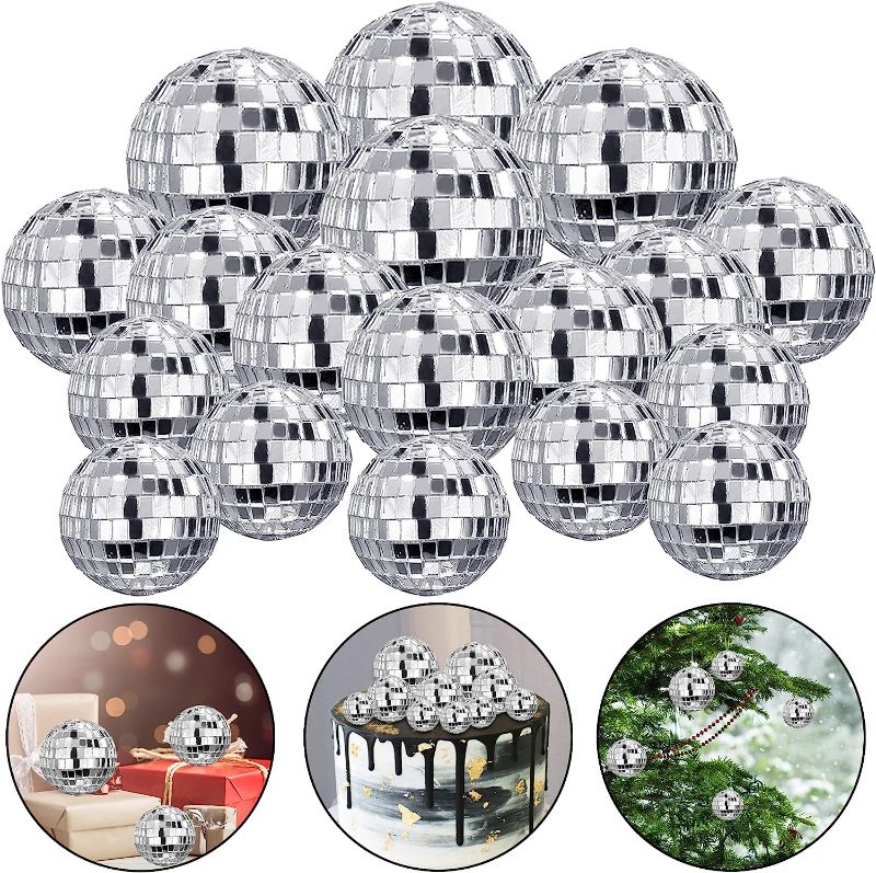 Photo 1 of 27 PCS Disco Ball Cake Decoration Ornaments Reflective Mirror Ball Cake Decoration 70s Disco Themed Party Decoration Silver Disco Table Decoration for Christmas Tree Dance Music