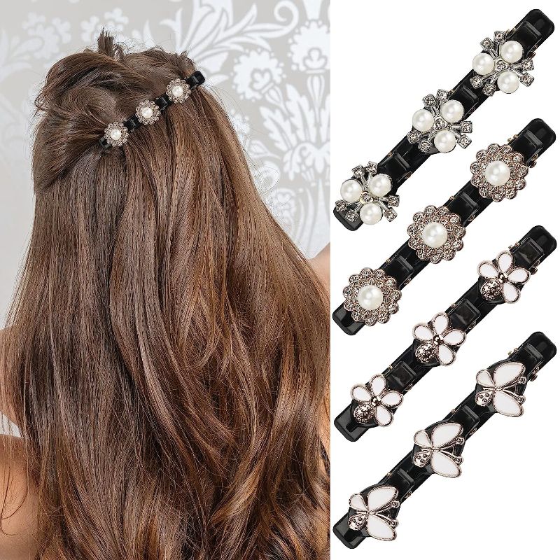 Photo 1 of 4 Pcs Hair Clips for Women Girls Sparkling Crystal Stone Braided Hair Clips Stain Fabric Hair Bands Shiny Rhinestone Small Hair Clips Rhinestones Flower Butterfly Duckbill Hairpin for Styling (Cute) 