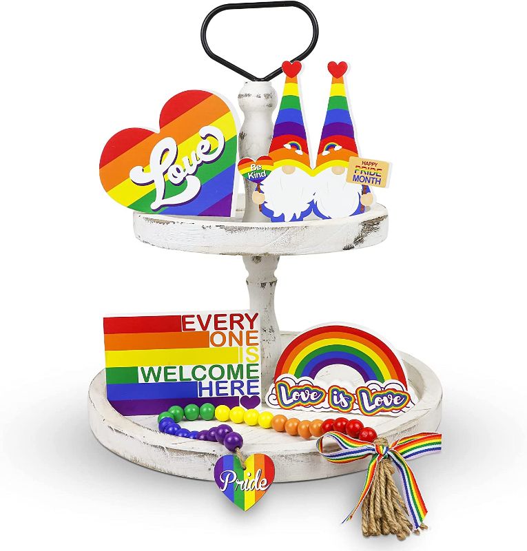 Photo 1 of 5 PCS Pride Tiered Tray Decor Bundle Wooden Rainbow Decor Table Signs - Pride Gnome, Bead Garland, Love is Love Rainbow Sign, LGBT Pride Month Decoration for Home Office Party Decorations LGBTQ Gifts